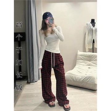 高個子175加長復古紅色格子休閑闊腿褲女2024秋高腰遛彎休閑褲子