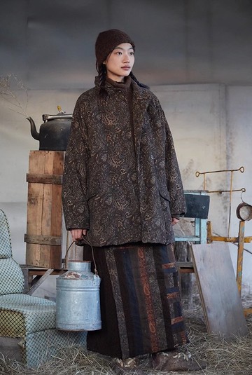 復古文青 燈芯絨印花長外套 休閒棉衣