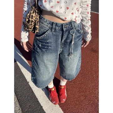 【吉野姐姐】S-4XL 大尺碼七分牛仔褲 美式復古寬鬆鑲鑽竹節紋牛仔七分褲女 高街 百搭 寬鬆 過膝 闊腿 牛仔褲 短褲