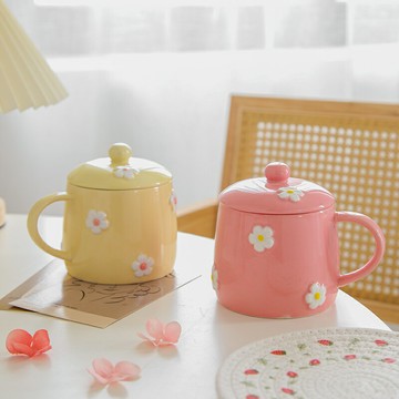 小清新帶蓋陶瓷馬克杯立體浮雕雛菊花朵可愛水杯牛奶杯辦公室杯子