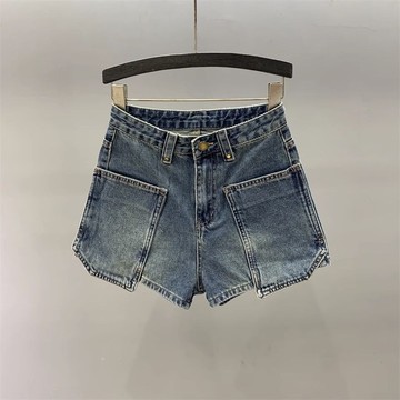 胖胖美依 牛仔短褲 闊腿褲 寬褲 熱帶褲 S-2XL新款高腰大口袋牛仔短褲寬鬆顯瘦a字外穿闊腿熱褲-9335.