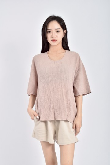 加購優惠(XL) ehan韓牌皺摺圓領粉色短袖上衣