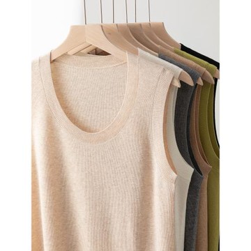 精紡100細羊毛U領針織吊帶背心女馬甲寬松休閑韓版無袖毛衣打底衫