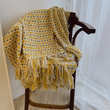 格紋針織毯子/沙發毯 127 x 170cm 棉麻混紡  黃色