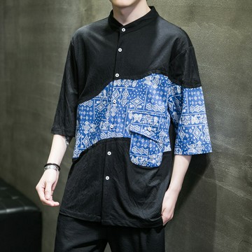 亞麻短袖襯衫男夏季薄款腰果花復古潮牌襯衣外套中式立領唐裝上衣