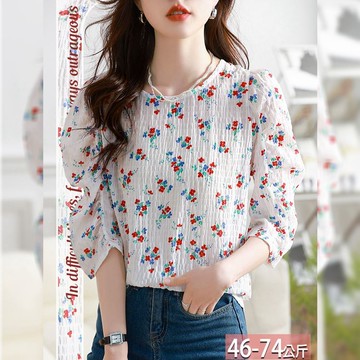 圓領壓紋碎花印花皺褶泡泡袖上衣 M-2XL【362016X】【現+預】☆流行前線☆