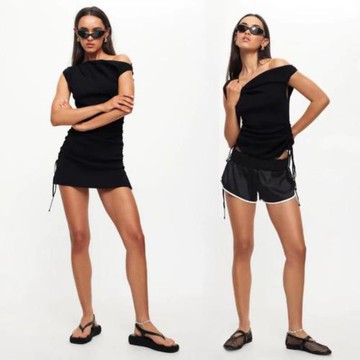 時髦精Lioness純欲辣妹斜肩抽繩褶皺開叉修身包臀迷你洋裝上衣