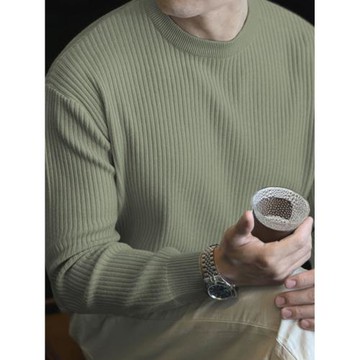 老錢風華夫格針織衫男紋理感修身長袖衛衣美式小領口羊毛打底衫潮