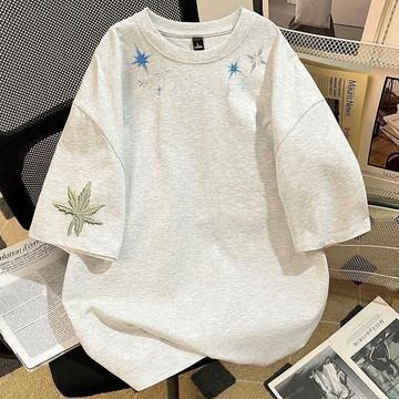 純棉短袖 吸汗透氣  重磅260仿刺繡印花小衆純棉圓領星星印花潮上衣0615