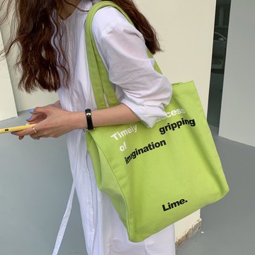 ins春夏奶油蜜瓜綠大容量單肩帆布包定制款字母簡約學生手提包新