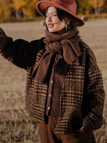 黑黃格紋 羊毛V領拼接毛長袖外套