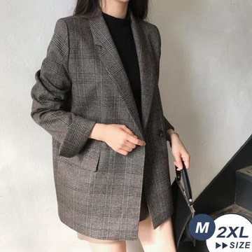 【LANNI 藍尼】★低調質感格紋俐落西裝外套(時尚/通勤/上班族/OL/格紋外套)