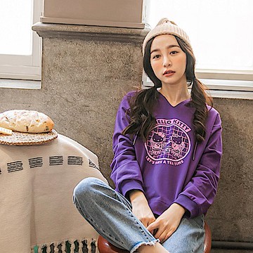 OB嚴選-學院KITTY．純棉復古斑駁印圖連帽上衣