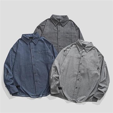 【米蘭精品】襯衫長袖上衣-條紋秋季透氣舒適男上衣3色74ge6