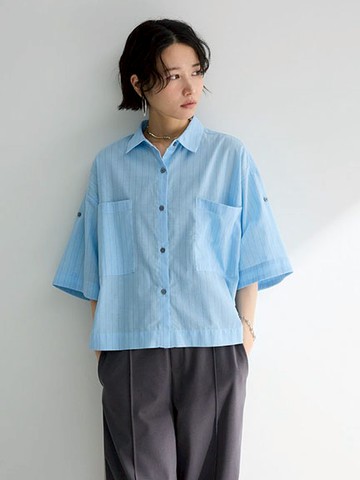 透明感素面/直條五分袖襯衫(06000163600) - Green Parks