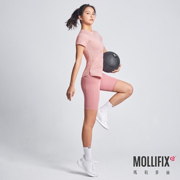Mollifix 瑪莉菲絲 logo緹花透氣修身排汗短袖上衣 (裸粉)