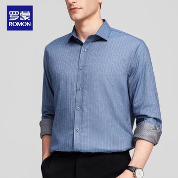 羅蒙保暖羊毛襯衫男士長袖加厚秋冬條紋修身大碼中老年爸爸裝襯衣