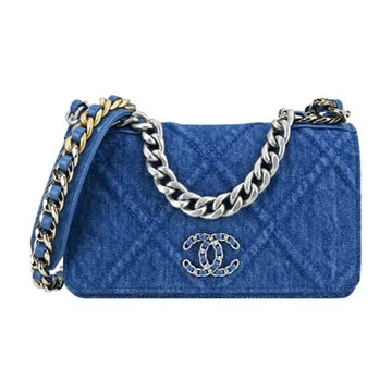 CHANEL 19 經典 LOGO菱格粒紋丹寧帆布WOC手拿/斜背包(藍色)