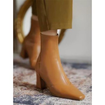 法式復古粗跟高跟氣質馬丁短靴女冬小個子方頭棕色百搭彈力瘦瘦靴