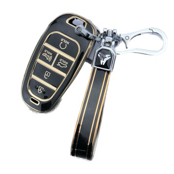 編年史 TPU 智能鑰匙保護套 + 鑰匙圈 套組 Sonata DN8 Santa Fe The New Grandeur Tucson 專用  黑色  現代新5鍵式