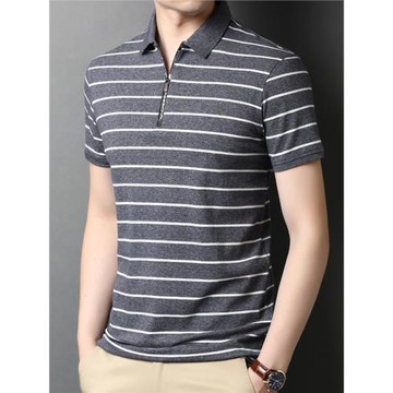 2025夏季休閑純棉男士拉鏈領條紋短袖t恤潮流絲光棉男裝翻領半袖