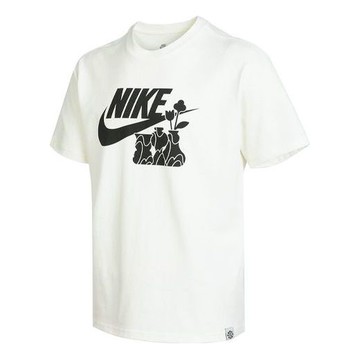Men's Nike Logo Flowers Printing Casual Sports Short Sleeve White T-Shirt