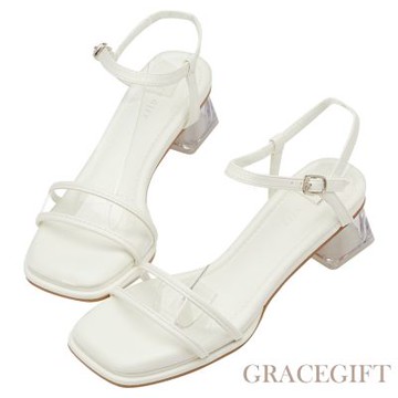 【Grace Gift】空氣系女孩雲感繞踝透明跟涼鞋 米白
