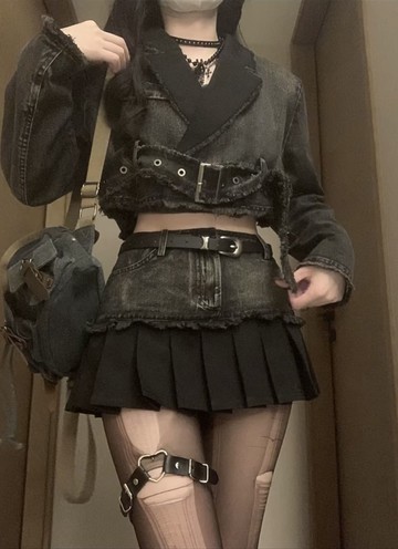 短款外套撞色拼接設計感牛仔外套高腰半身裙甜酷辣妹設計感時尚套裝裙