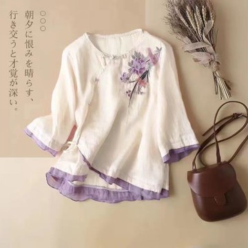 100%棉麻短袖T恤女民族風上衣女國風盤扣刺繡上衣襯衫斜襟七分袖