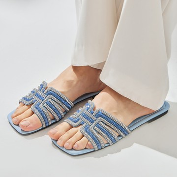 閃耀水鑽方頭平底拖鞋_水藍銀【MON'S 流行服飾】