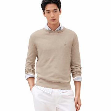 TOMMY 熱銷圓領Logo針織毛衣-杏色