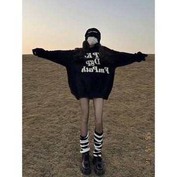 美式復古慵懶黑色馬海毛毛衣女秋冬加厚軟糯中長款高級感針織上衣