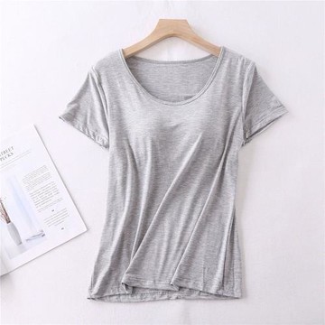 莫代爾bra-t帶胸墊罩杯大碼半袖女夏五指杯寬松免文胸短袖T恤衫