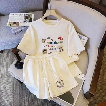 休閒運動套裝女寬鬆大碼短袖胖mm印花兩件套潮大尺碼女裝06