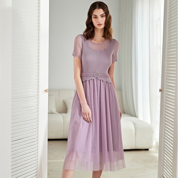 ILEY伊蕾 高端奢華立體壓褶拼接網紗長洋裝(紫色；M-XL)1231067321