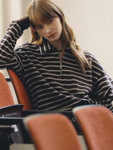 Stripe Loose Fit Half Zip-up Sweatshirt [Brown]