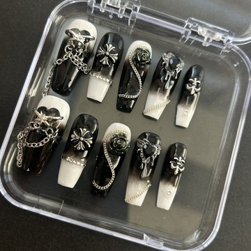 💚Hannah💛新品發售純手工甜酷辣妹闇黑立體漸變美甲黑色高級穿戴暈染成品指甲