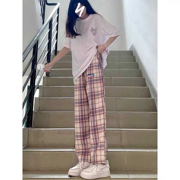 夏季女褲 學院風 粉色格子褲 寬鬆 直筒 抽繩 束腳褲子 春秋新款 運動 休閒 高腰 學生闊腿褲