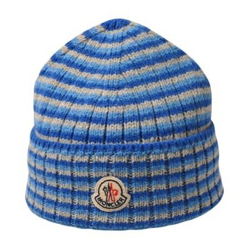 Moncler 義大利製藍灰橫條紋經典布標LOGO翻邊羊毛針織帽
