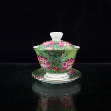 琺瑯彩茶杯陶瓷扒花掐絲荷花菊花三才蓋碗功夫茶具家用 清荷茶碗