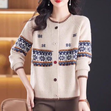 慵懶風毛衣外套女2025秋季新款百搭提花針織開衫圓領拼色打底衫