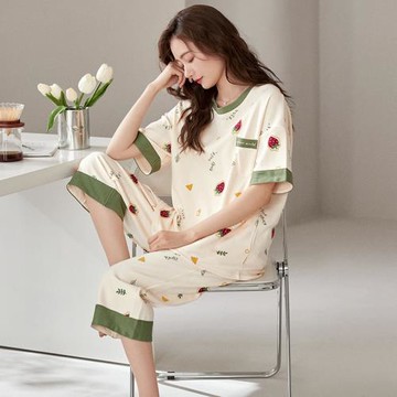 睡衣女夏季純棉短袖簡約可愛少女休閑薄款七分褲可外穿家居服套裝