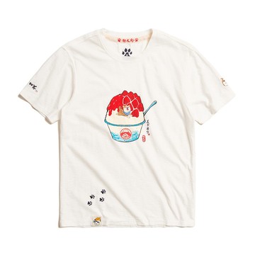 江戶勝 日系 男裝  剉冰勝太郎短袖T恤(米白色) #上衣#勝太郎