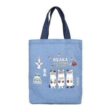 Kusuguru Japan 肩背包 日本限定和風圖樣A4帆布托特包貓丸款淺藍