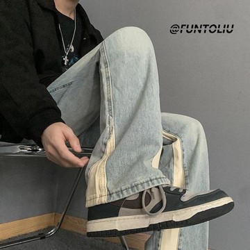 牛仔褲男2024新款春秋美式高街褲子潮流拼接直筒褲男士寬松闊腿褲