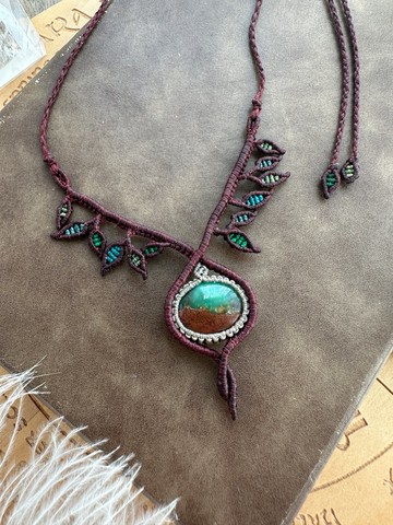 N1151 民族風 蠟線編織 綠玉髓 生命之樹 頸鏈 (可調長度)