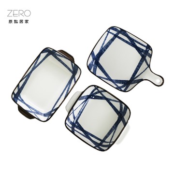 峰窯 單柄烤盤 不規則藍線圖樣 陶瓷烤盤 焗烤/義大利麵 菜盤擺盤