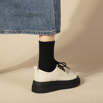 香港真皮小皮鞋女厚底系帶英倫白色甜酷風2025春季大頭單鞋jk學生