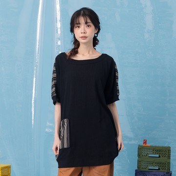 【MOSS CLUB】拼接條紋連袖圓領短袖上衣 黑 米