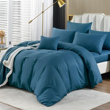 FOCA 超導石墨烯素色精透綿兩用被床包五件組  床包 + 兩用被 + 枕套 + 蓋毯 + 抱枕  單人  夜魅靛